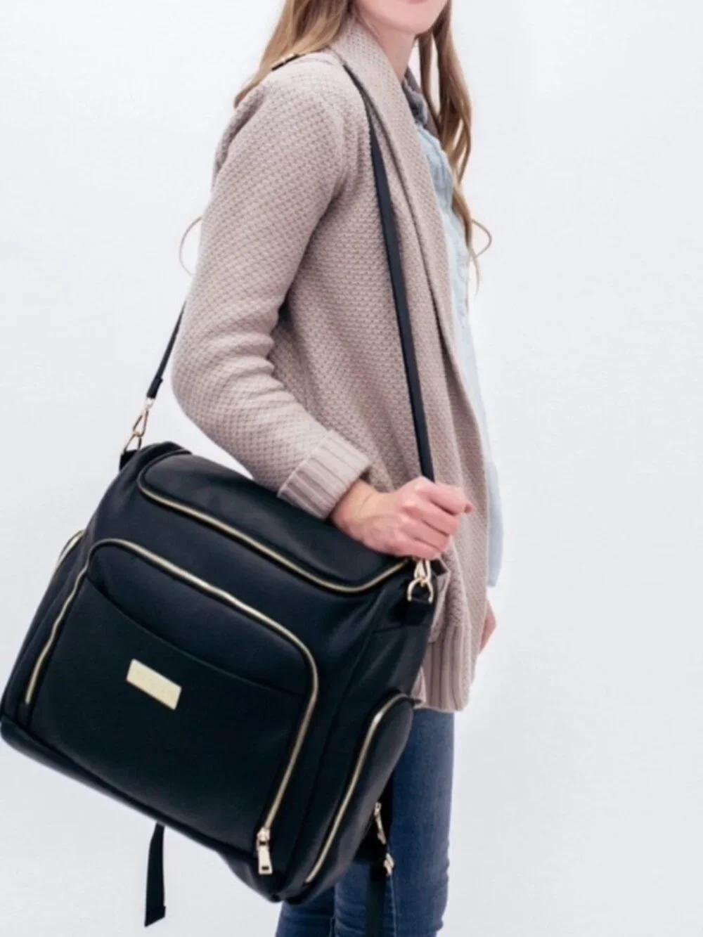 Greyfox Diaper Bag Black Leather Backpack with shoulder Strap